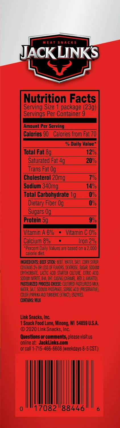 Jack Link's Original Beef Stick & Cheese W/ Real Wisconsin Cheese 0.8 oz 9 Count