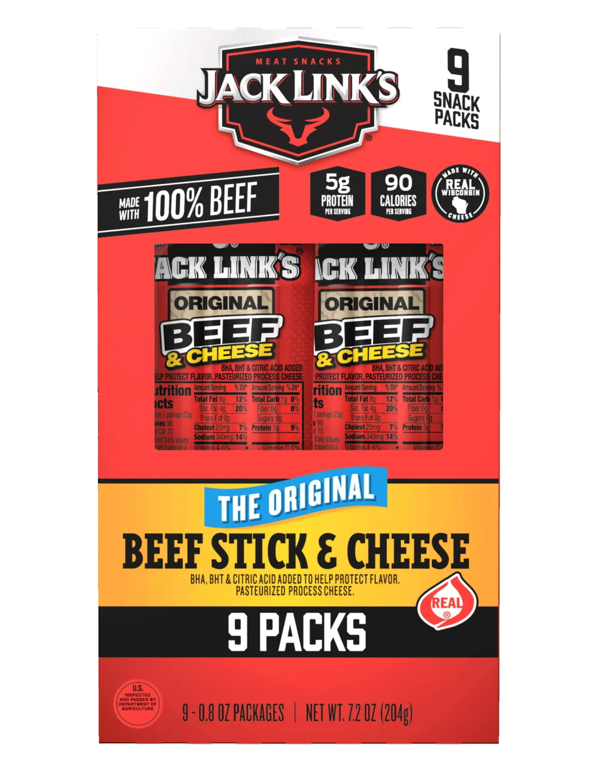 Jack Link's Original Beef Stick & Cheese W/ Real Wisconsin Cheese 0.8 oz 9 Count