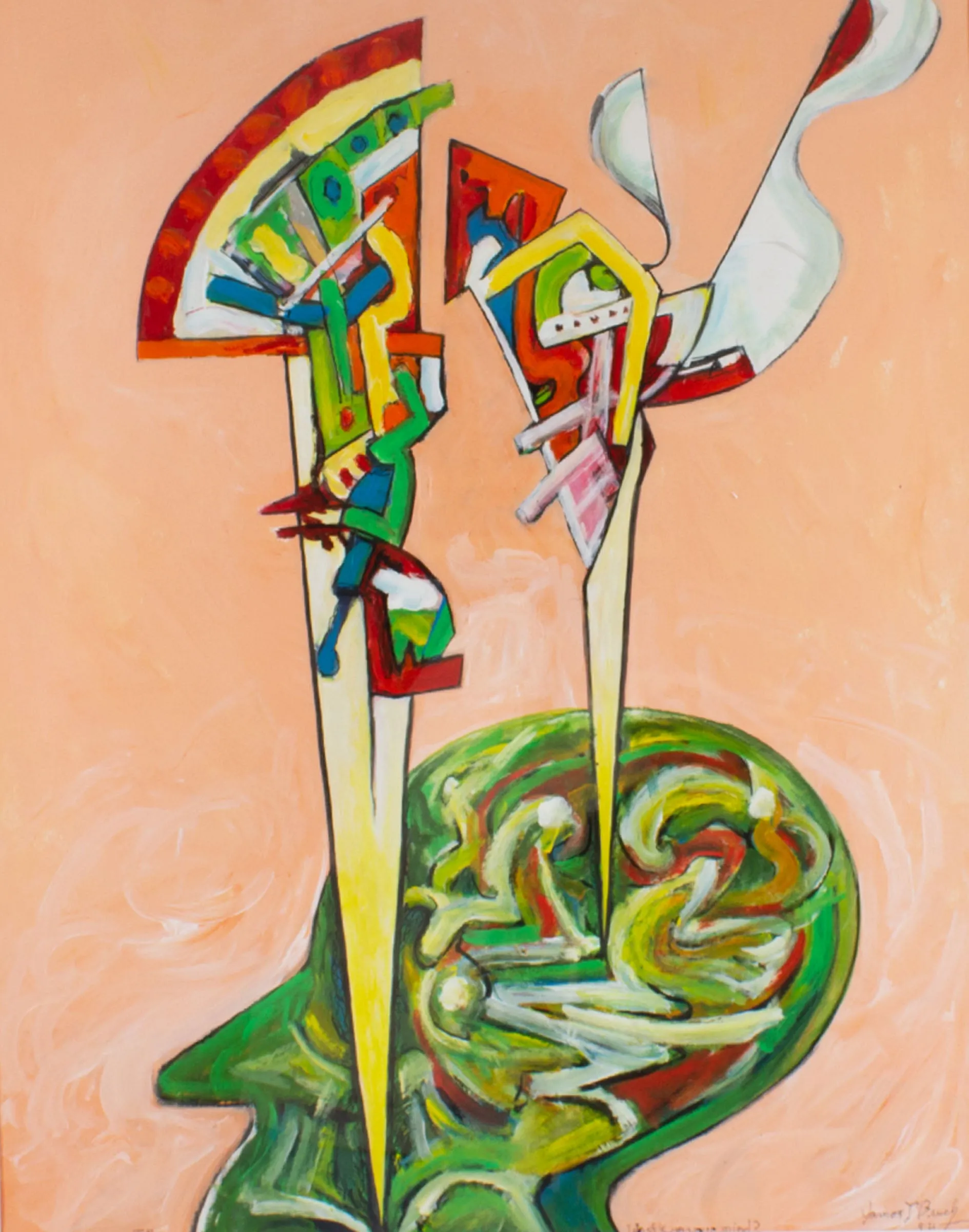 James L. Bruch Signed “What’s On Your Mind?” Abstract Mixed Media Painting
