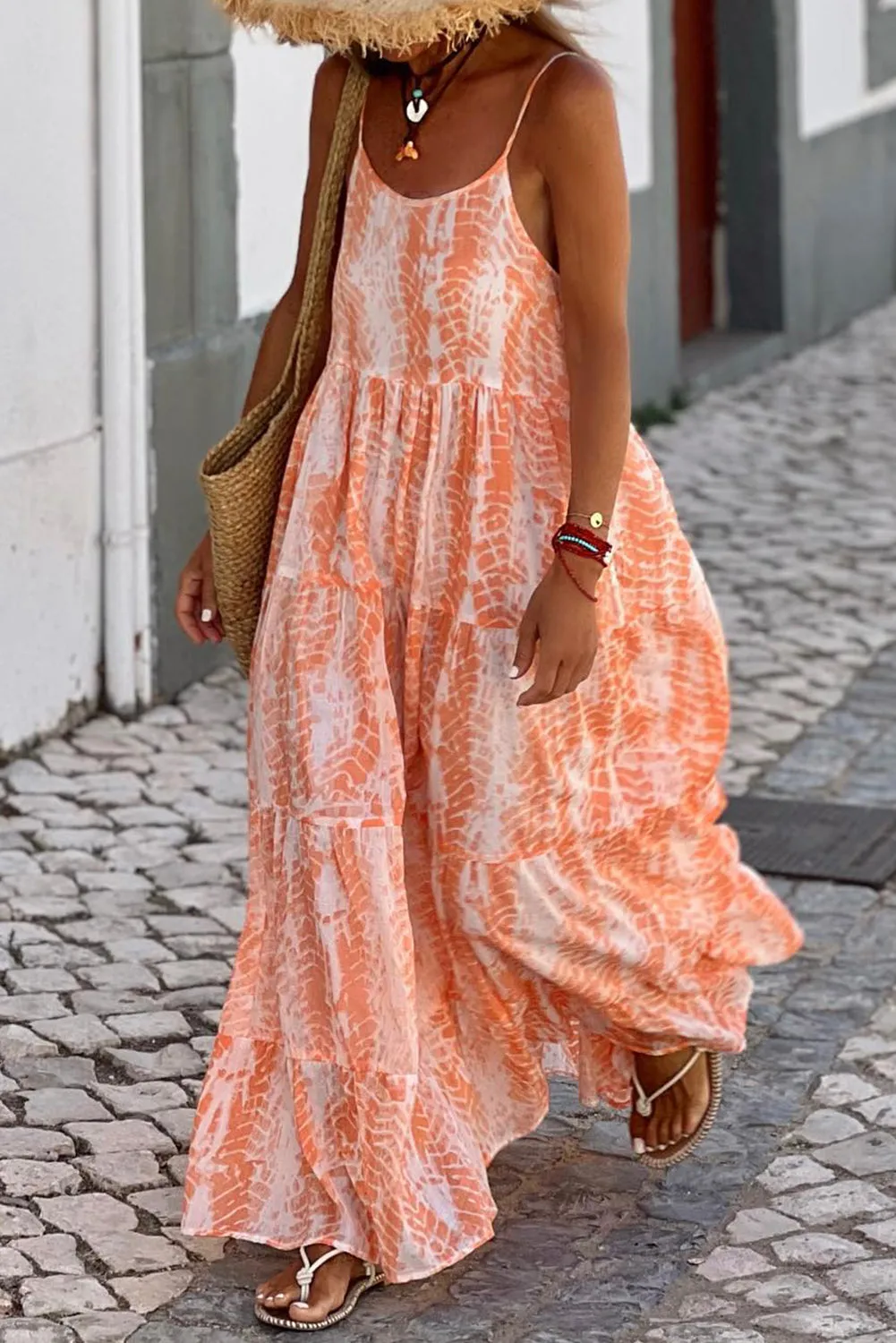 KaleaBoutique Abstract Print Spaghetti Straps Backless Tiered Maxi Dress