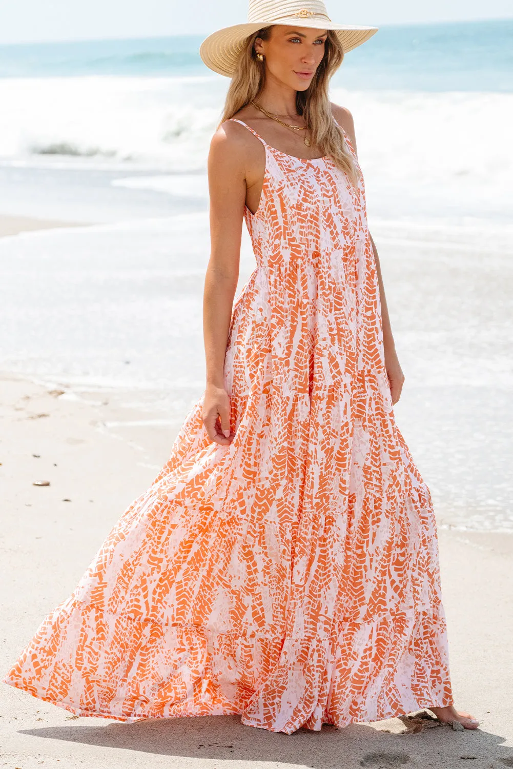 KaleaBoutique Abstract Print Spaghetti Straps Backless Tiered Maxi Dress