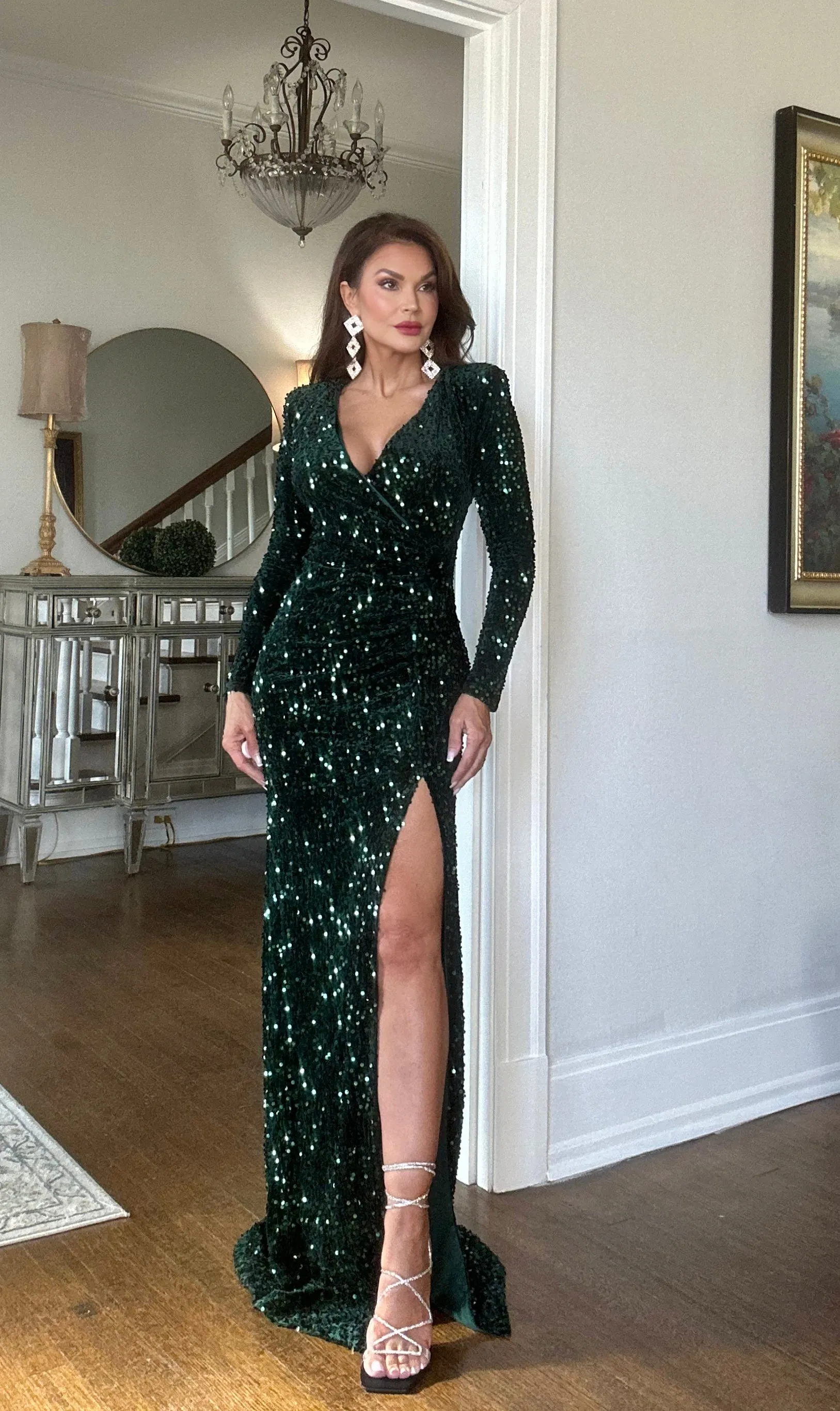 Kenna deep green long sleeve velvet sequin formal with slit