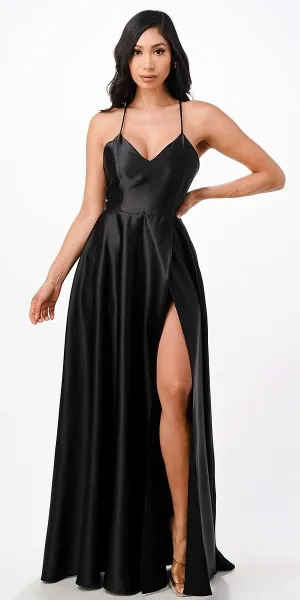 La Scala 25895 Open Side Back Spaghetti Tie Stretch Satin Gown