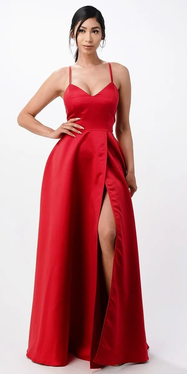 La Scala 25895 Open Side Back Spaghetti Tie Stretch Satin Gown