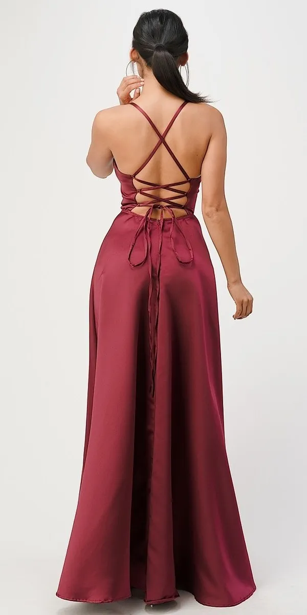 La Scala 25895 Open Side Back Spaghetti Tie Stretch Satin Gown