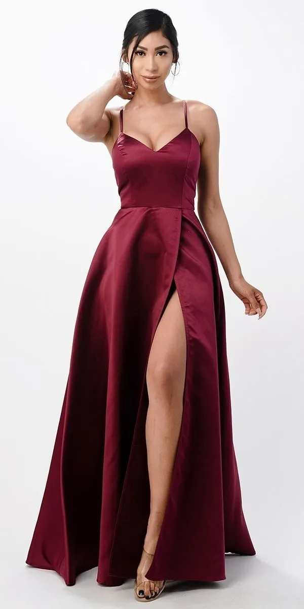 La Scala 25895 Open Side Back Spaghetti Tie Stretch Satin Gown