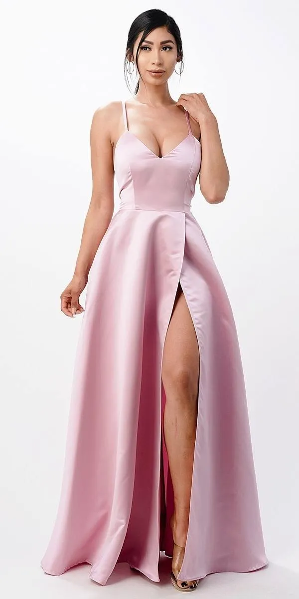 La Scala 25895 Open Side Back Spaghetti Tie Stretch Satin Gown