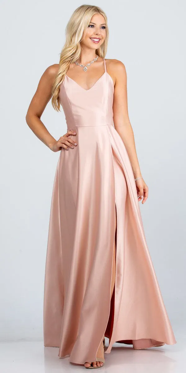 La Scala 25895 Open Side Back Spaghetti Tie Stretch Satin Gown