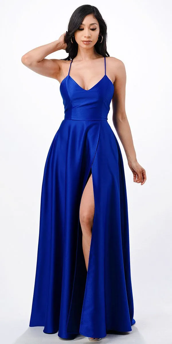 La Scala 25895 Open Side Back Spaghetti Tie Stretch Satin Gown