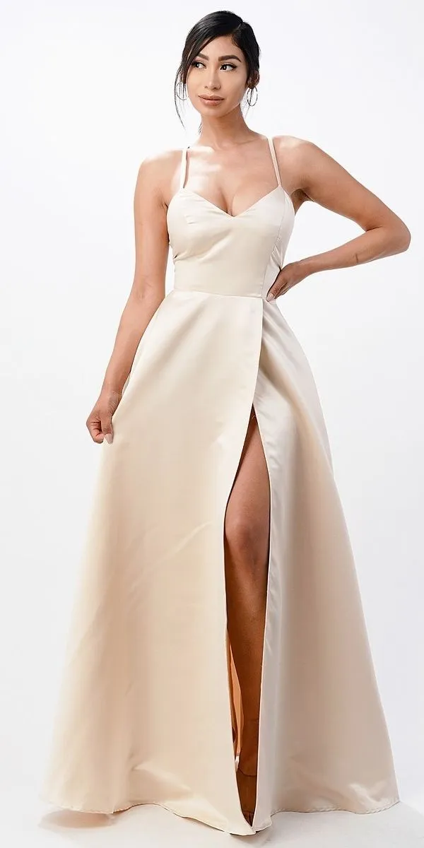 La Scala 25895 Open Side Back Spaghetti Tie Stretch Satin Gown