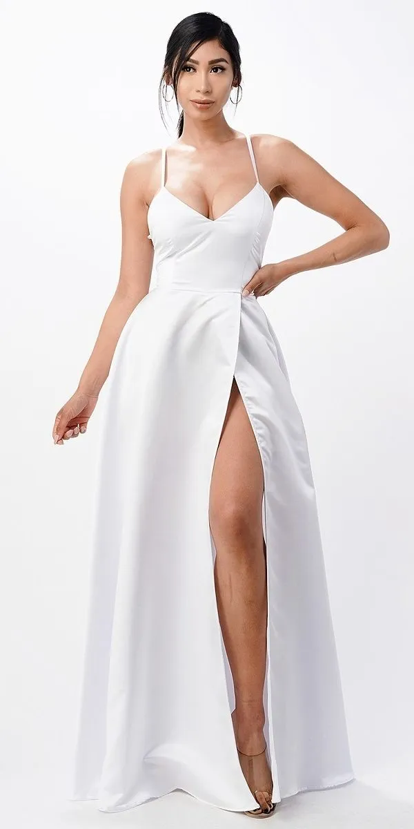 La Scala 25895 Open Side Back Spaghetti Tie Stretch Satin Gown
