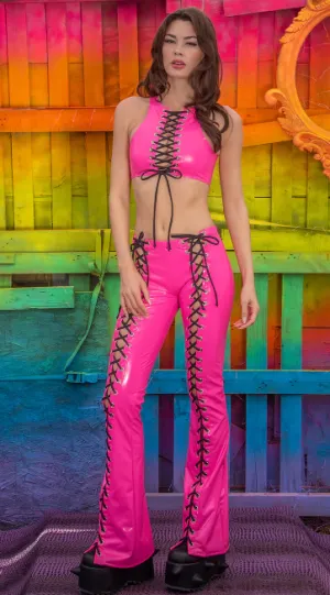 Lace-Up Flared Pants - Hot Pink FE254