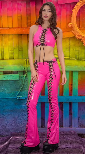 Lace-Up Flared Pants - Hot Pink FE254