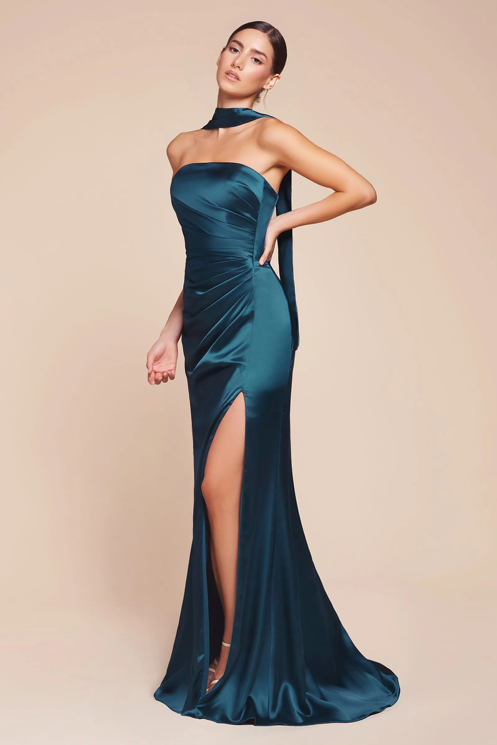 Ladivine 7451 Dress Strapless Satin Gown with Sash