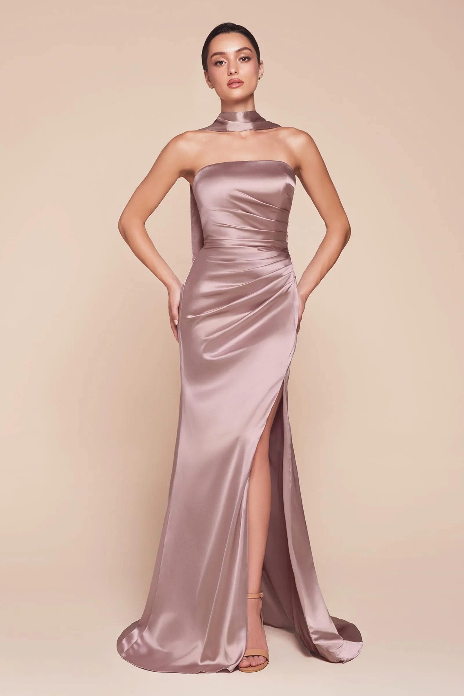 Ladivine 7451 Dress Strapless Satin Gown with Sash