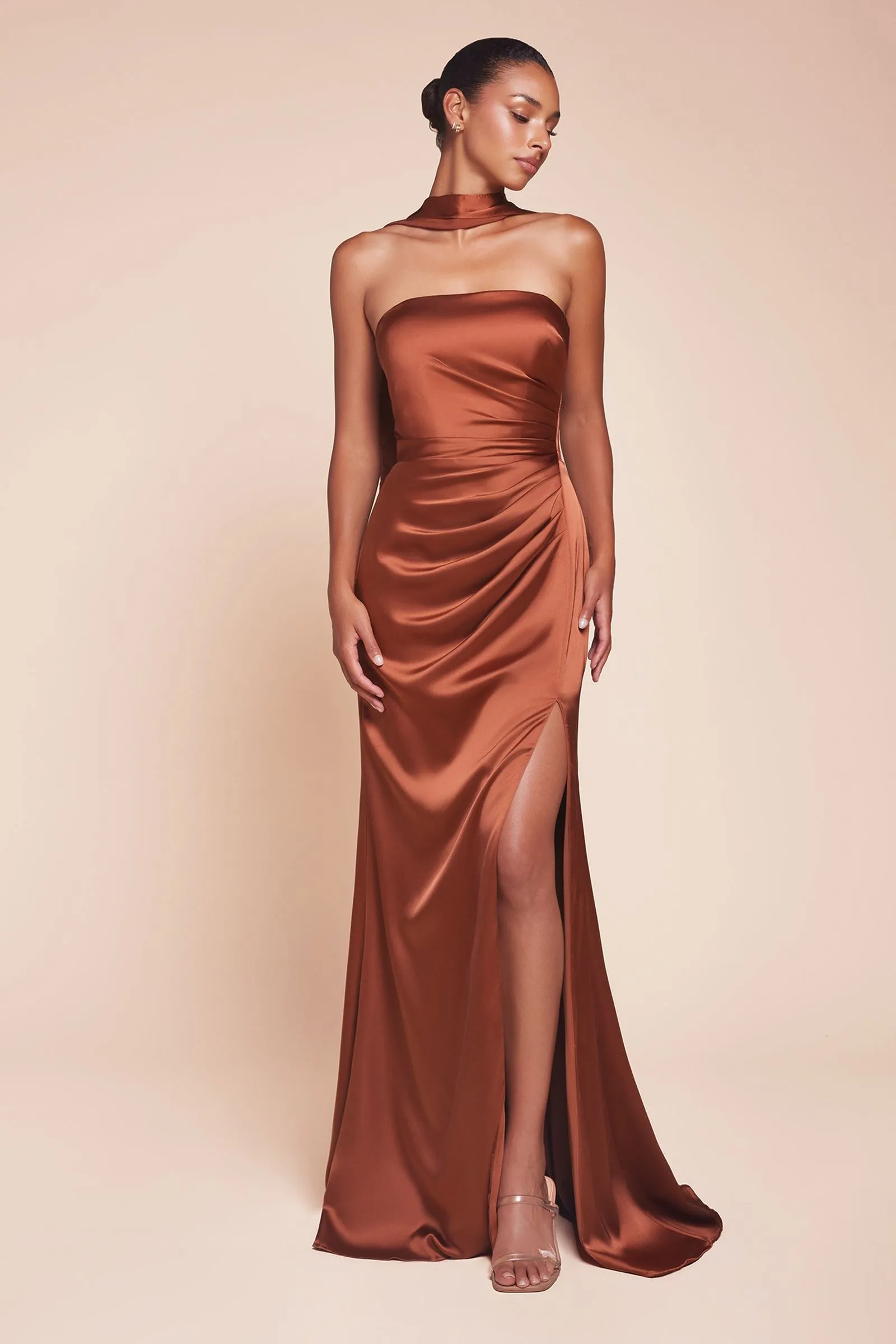 Ladivine 7451 Dress Strapless Satin Gown with Sash
