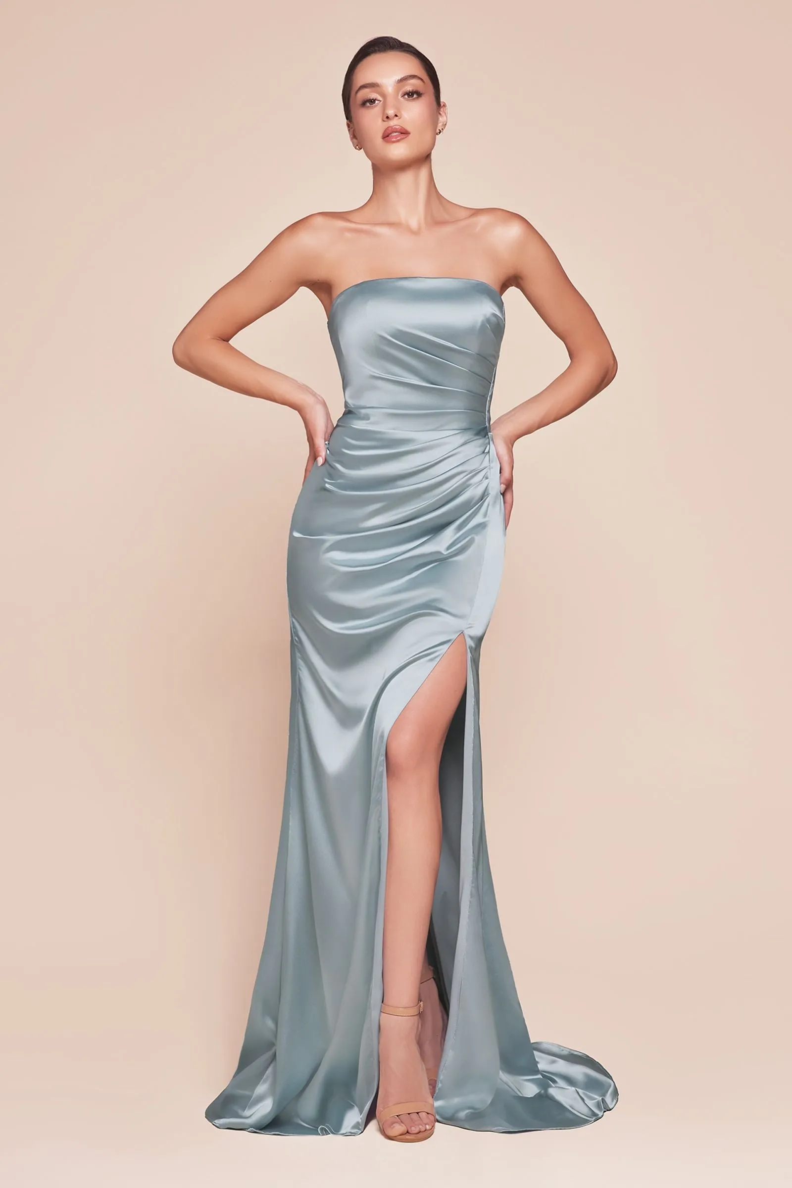 Ladivine 7451 Dress Strapless Satin Gown with Sash