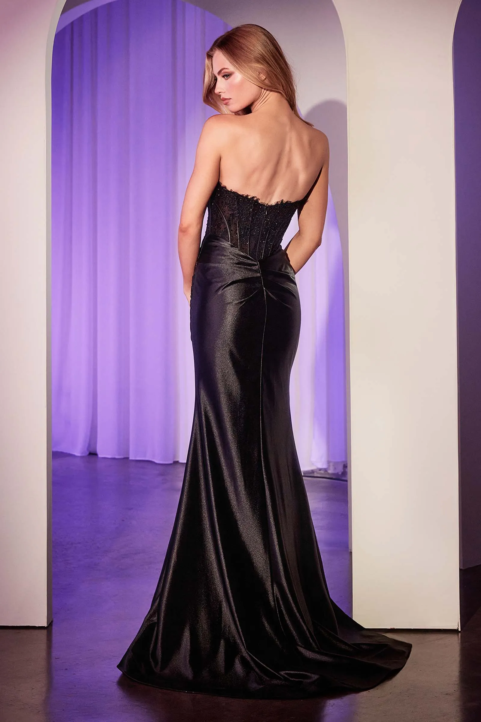 Ladivine CD797 Dress Satin Strapless Gown With Lace Detailing