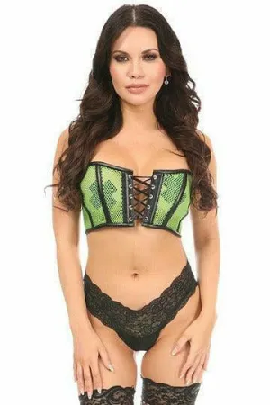 Lavish Neon Green Fishnet & Faux Leather Lace-Up Short Bustier Top