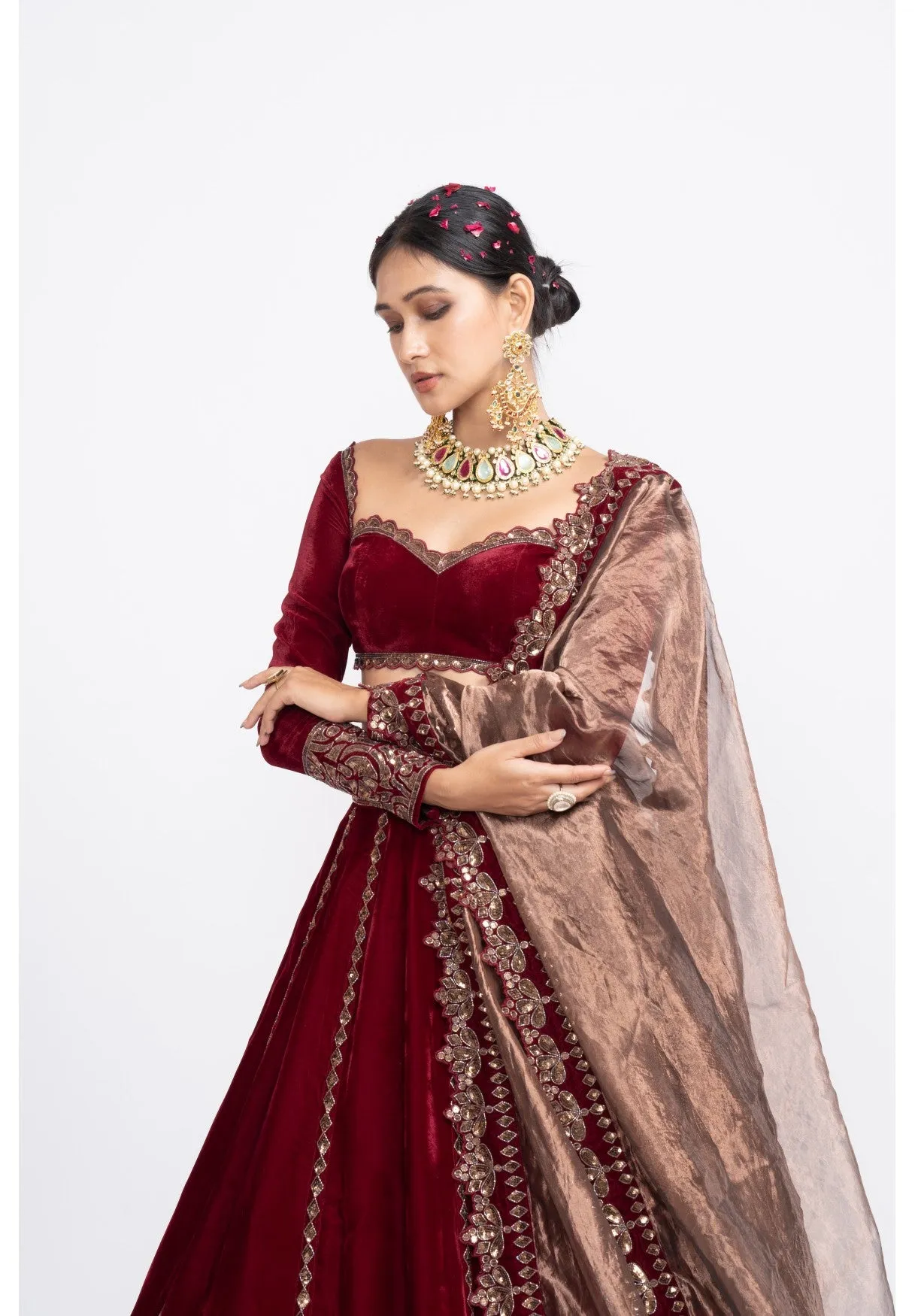Mahroon Double Tier Lehenga Set