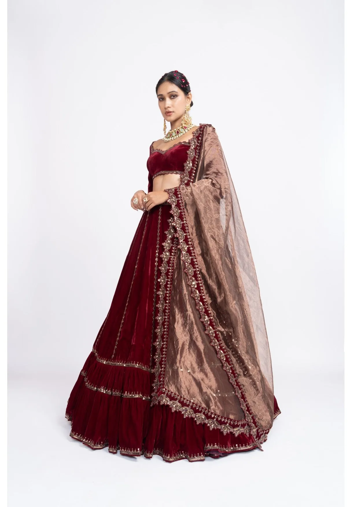 Mahroon Double Tier Lehenga Set