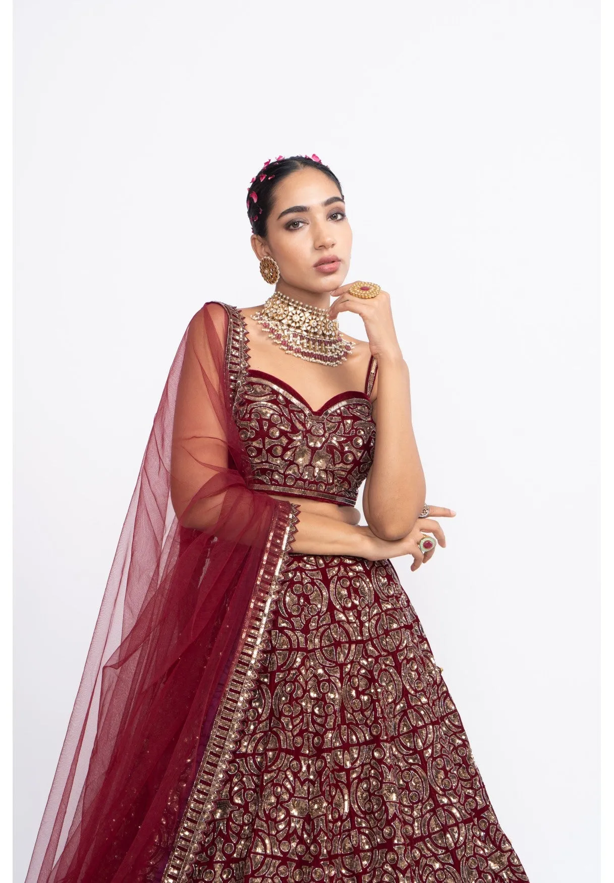 Mahroon Fully Embroidered Corset Lehenga Set