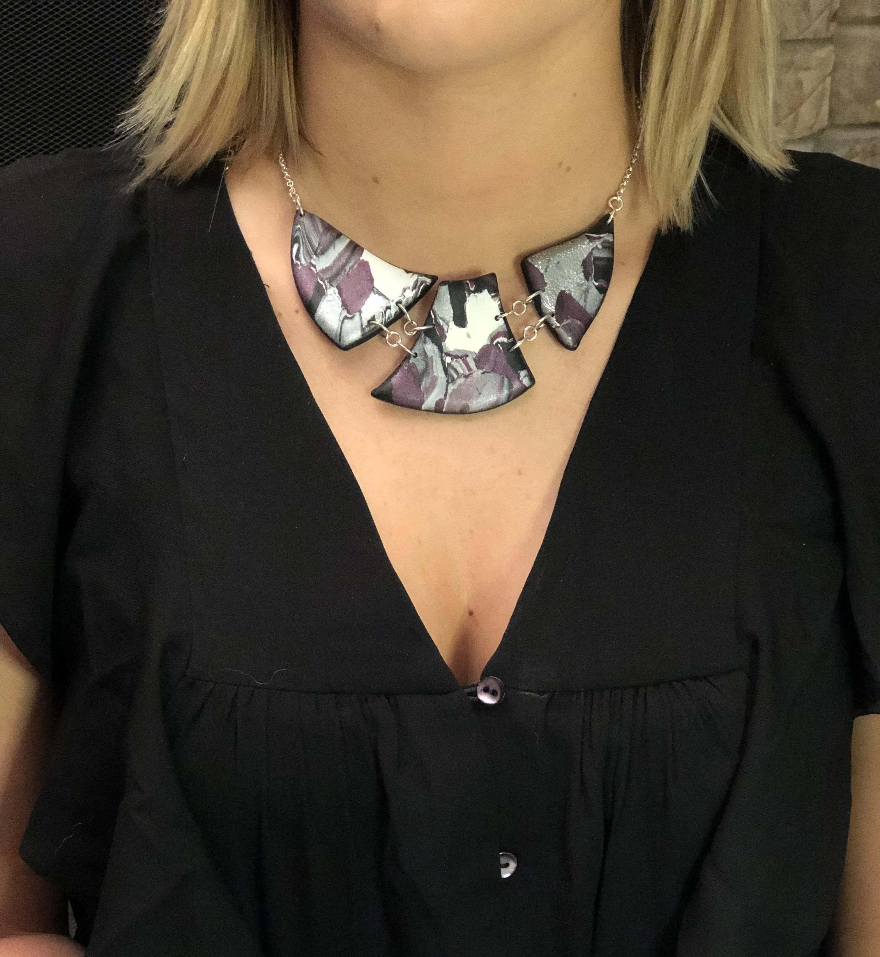 Marbled and Mosaic 3 Piece w/Link Necklace - Blue