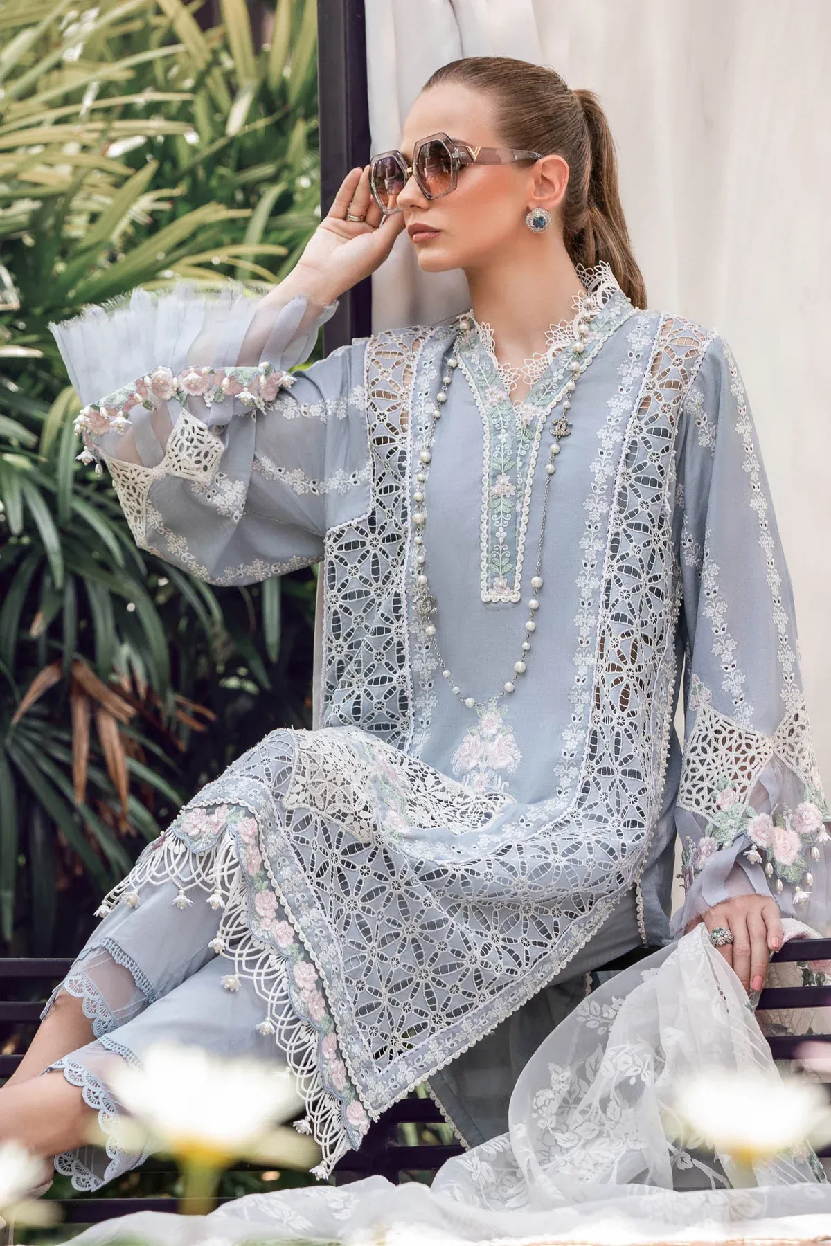 Maria.B Luxury Lawn Embroidered Unstitched Collection EL-23-10-Ice Blue