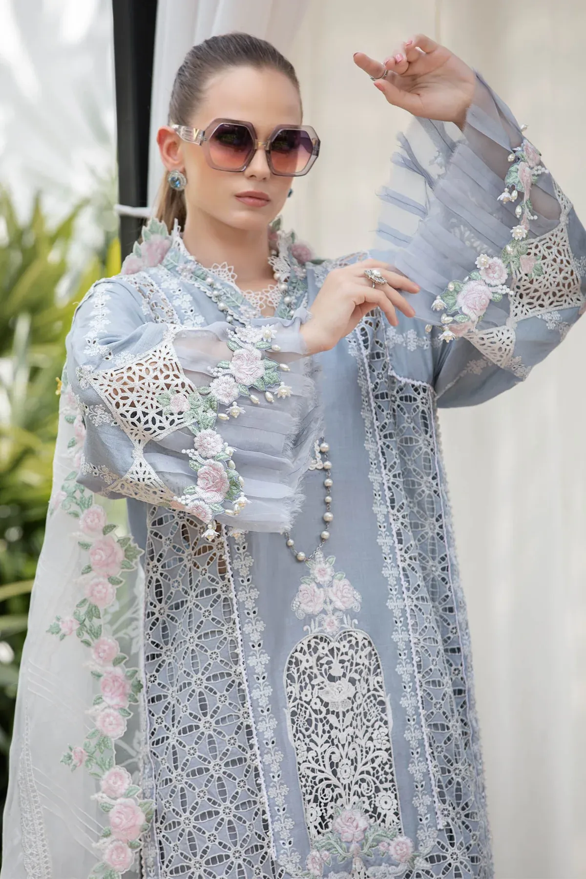 Maria.B Luxury Lawn Embroidered Unstitched Collection EL-23-10-Ice Blue
