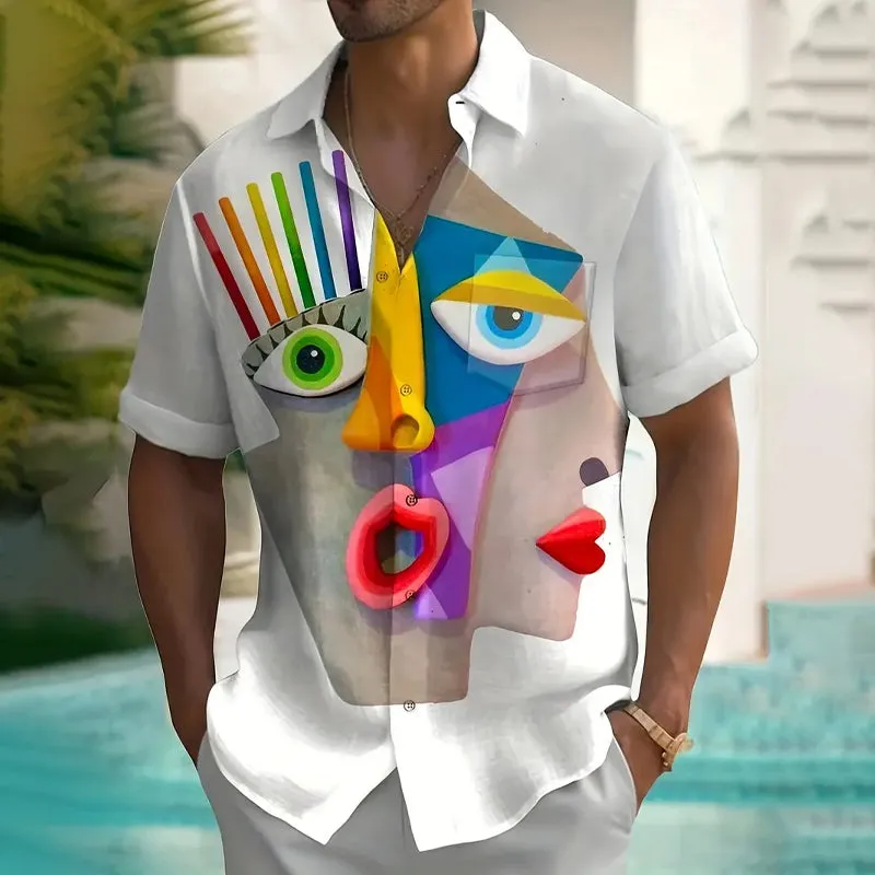Men's 3D Artistic Pattern Print Short Sleeve Lapel Shirt
