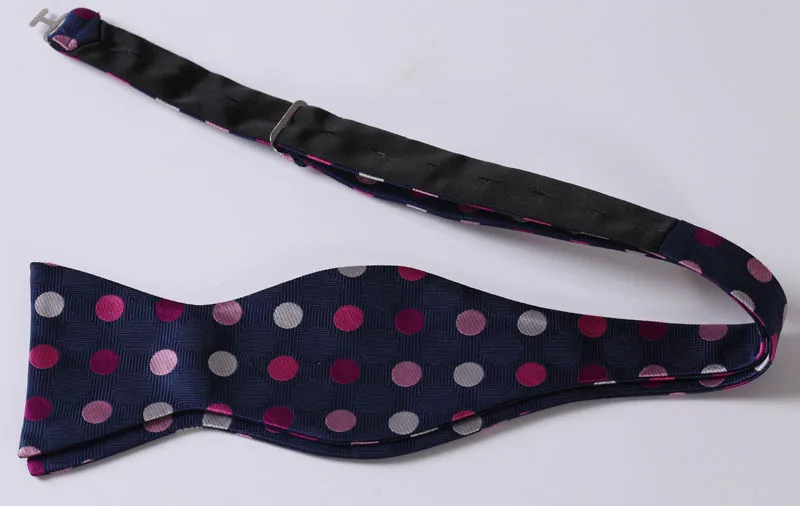 Men's Silk Pink Navy Blue Polka Dot Self Bow Tie Matching Handkerchief