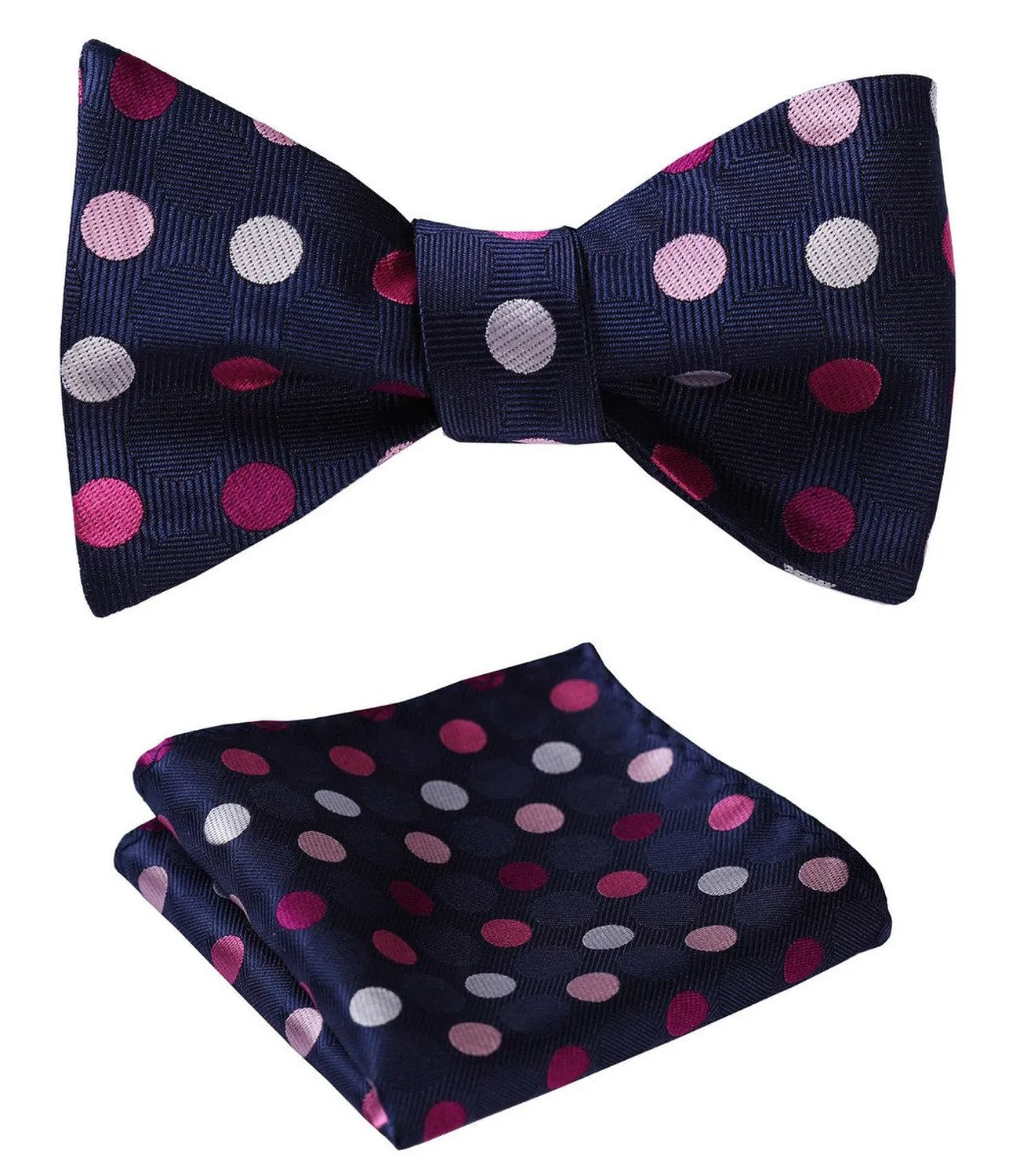 Men's Silk Pink Navy Blue Polka Dot Self Bow Tie Matching Handkerchief