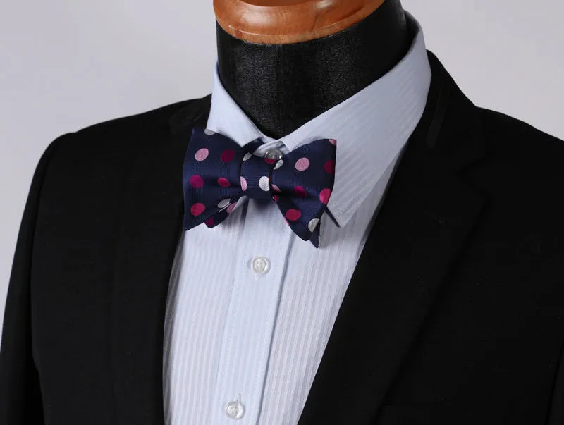 Men's Silk Pink Navy Blue Polka Dot Self Bow Tie Matching Handkerchief