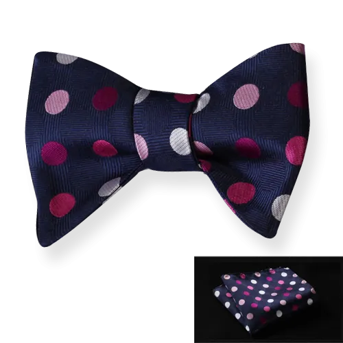 Men's Silk Pink Navy Blue Polka Dot Self Bow Tie Matching Handkerchief