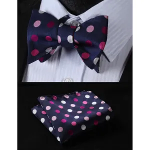 Men's Silk Pink Navy Blue Polka Dot Self Bow Tie Matching Handkerchief