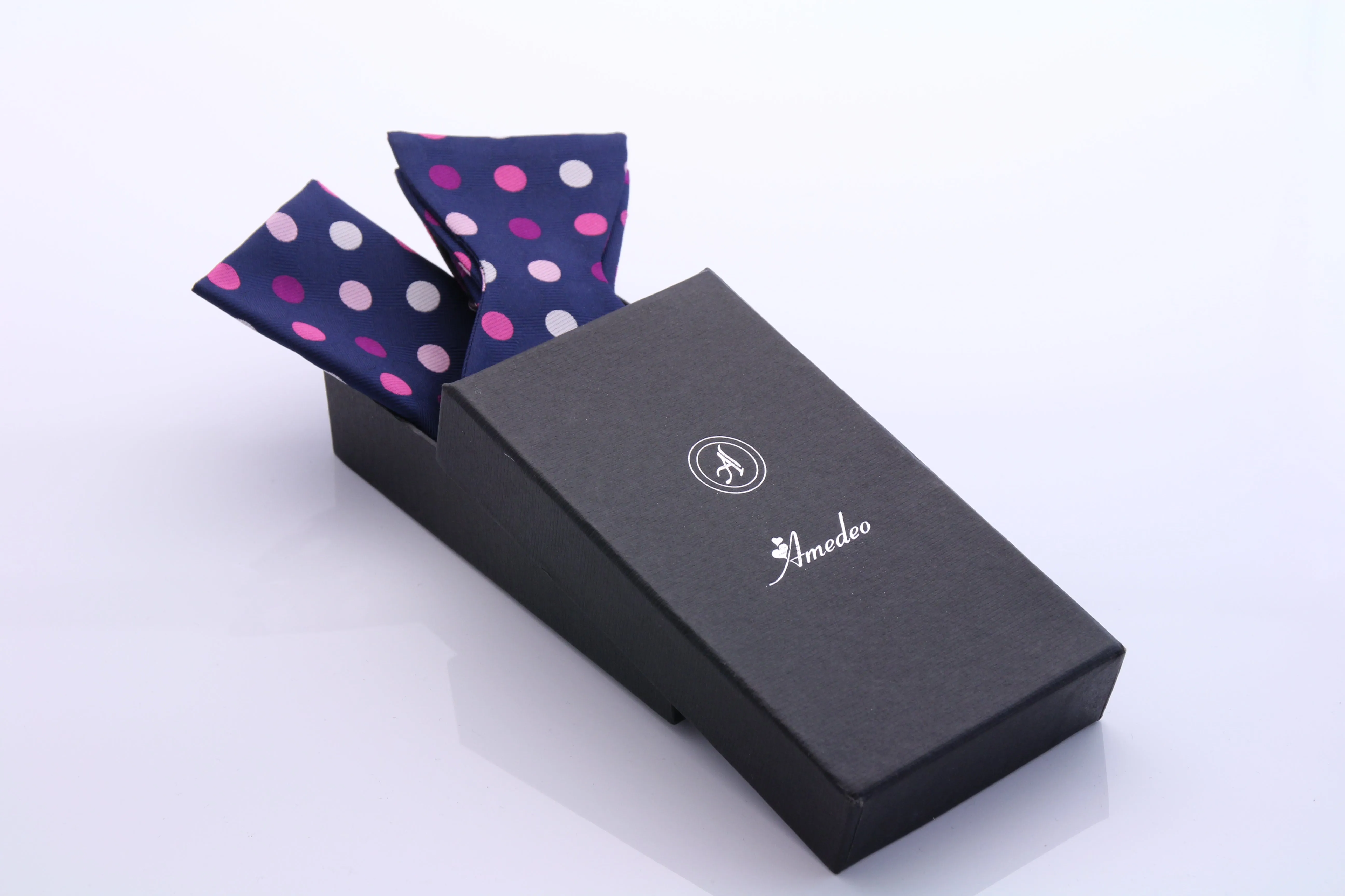 Men's Silk Pink Navy Blue Polka Dot Self Bow Tie Matching Handkerchief