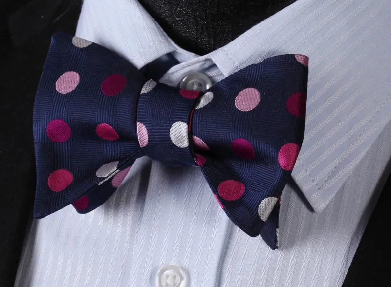 Men's Silk Pink Navy Blue Polka Dot Self Bow Tie Matching Handkerchief