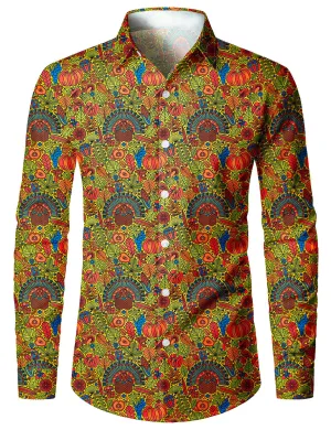 Men's Thanksgiving Festival Colorful Turkey Button Up Long Sleeve Holiday Shirt