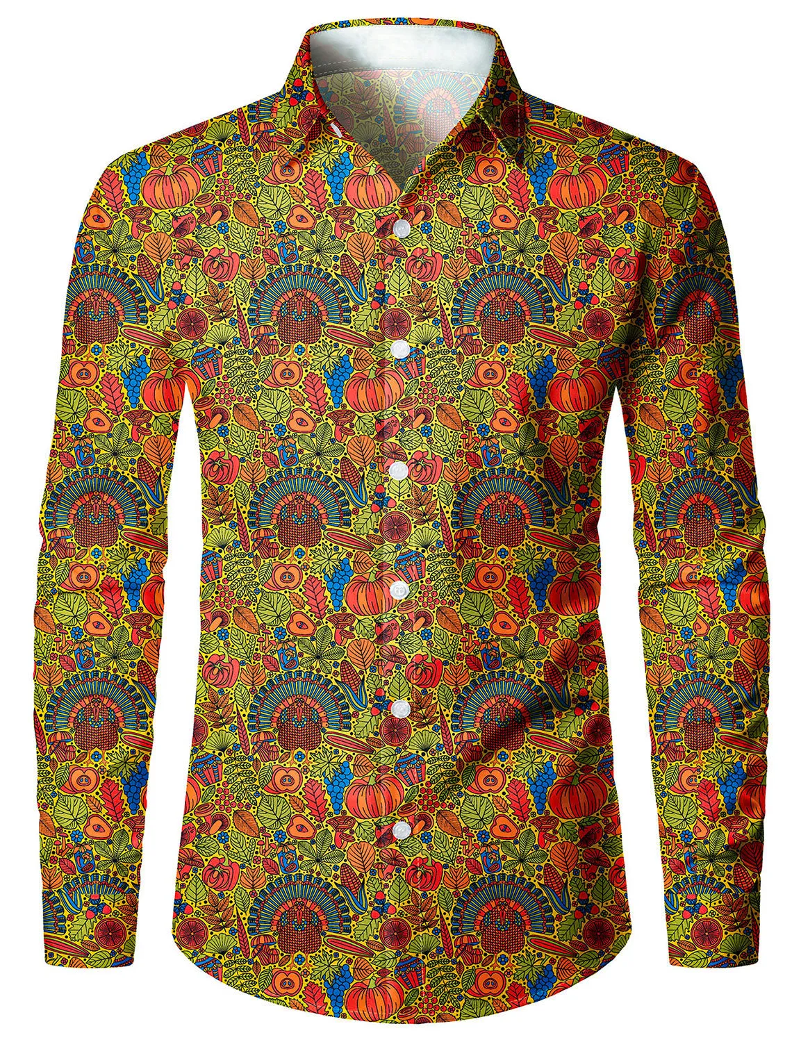 Men's Thanksgiving Festival Colorful Turkey Button Up Long Sleeve Holiday Shirt