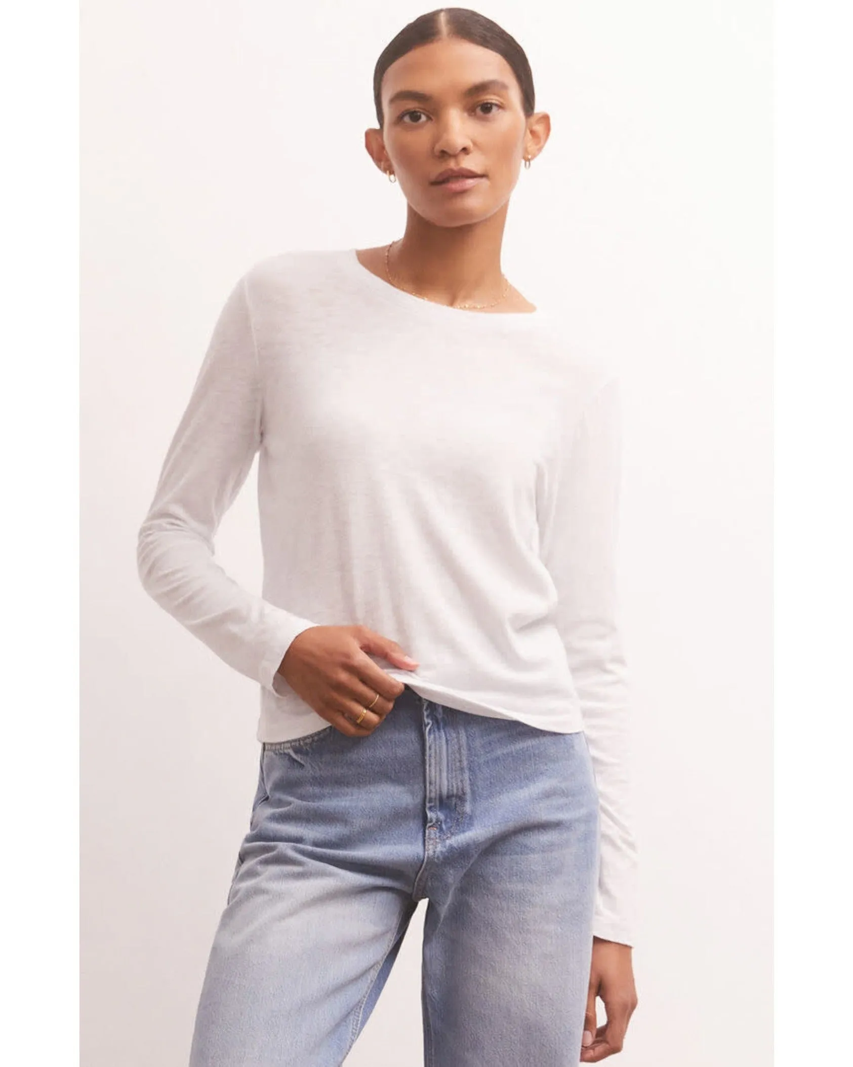 Modern Slub Long Sleeve Tee, White & Black