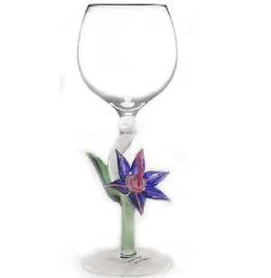 Moss Green Blue Flower Hand Blown Wine Glass