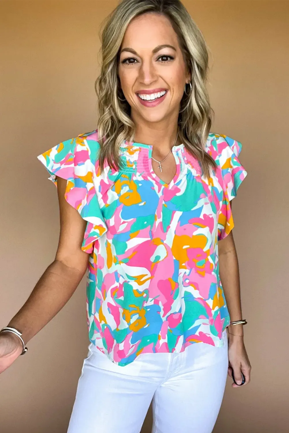 Multicolour Abstract Print Notched Neck Ruffle Sleeve Blouse