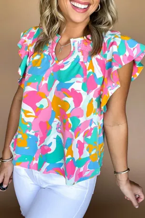 Multicolour Abstract Print Notched Neck Ruffle Sleeve Blouse