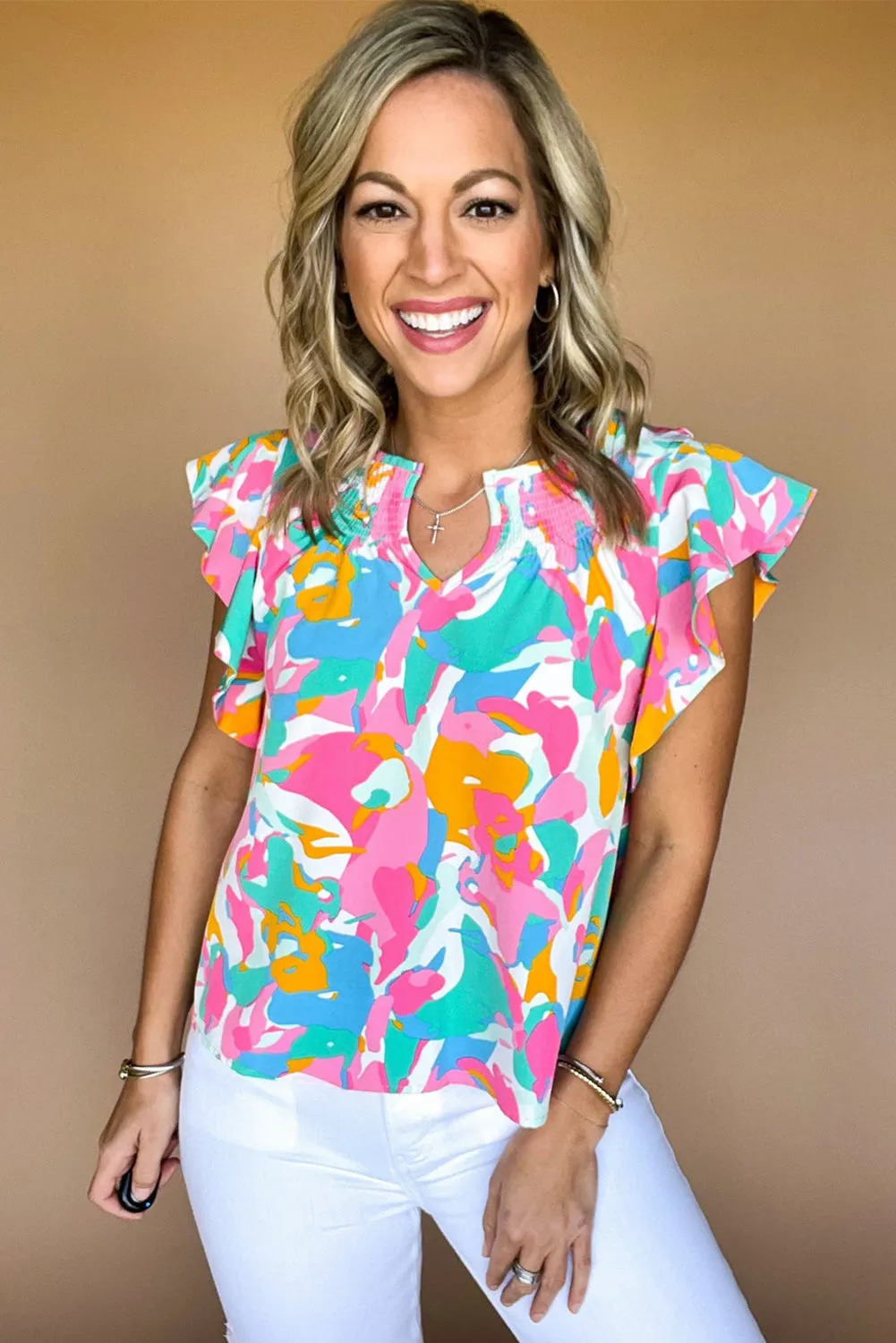 Multicolour Abstract Print Notched Neck Ruffle Sleeve Blouse