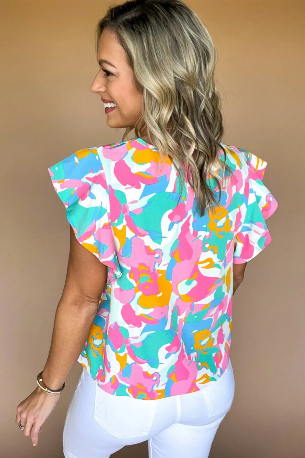 Multicolour Abstract Print Notched Neck Ruffle Sleeve Blouse