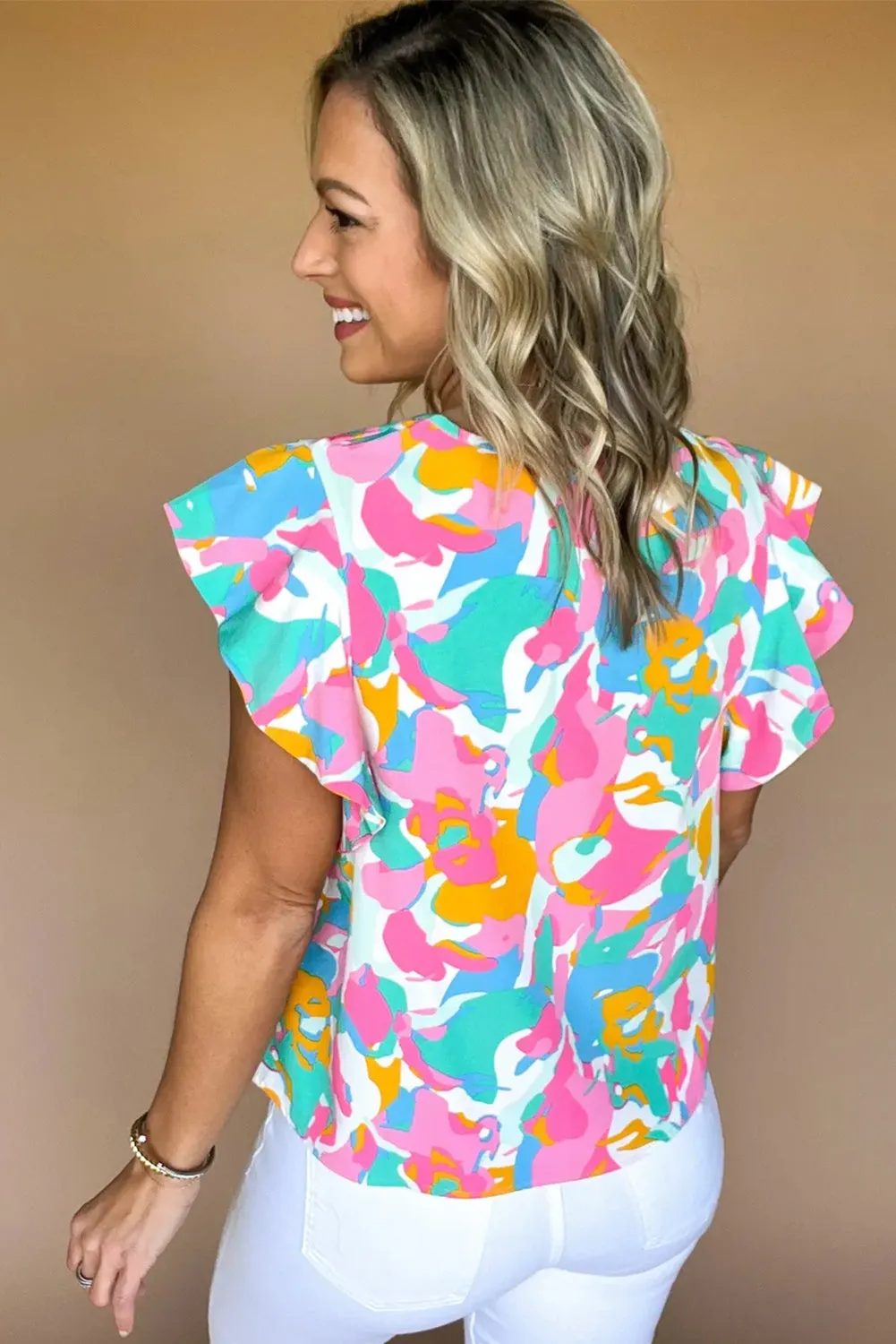 Multicolour Abstract Print Notched Neck Ruffle Sleeve Blouse