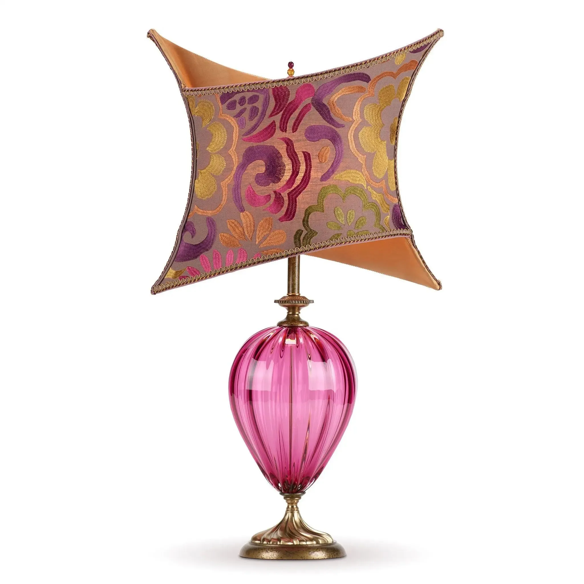 Nadia Table Lamp 163Y141 by Kinzig Design, Rasberry Rose Fuchsia Blown Glass, Purple Gold Copper Silk Shade