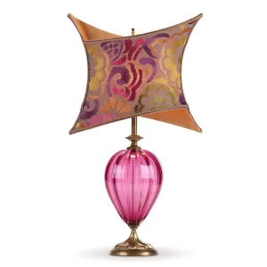 Nadia Table Lamp 163Y141 by Kinzig Design, Rasberry Rose Fuchsia Blown Glass, Purple Gold Copper Silk Shade