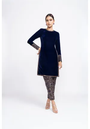 Navy Blue Velvet Kurta Set
