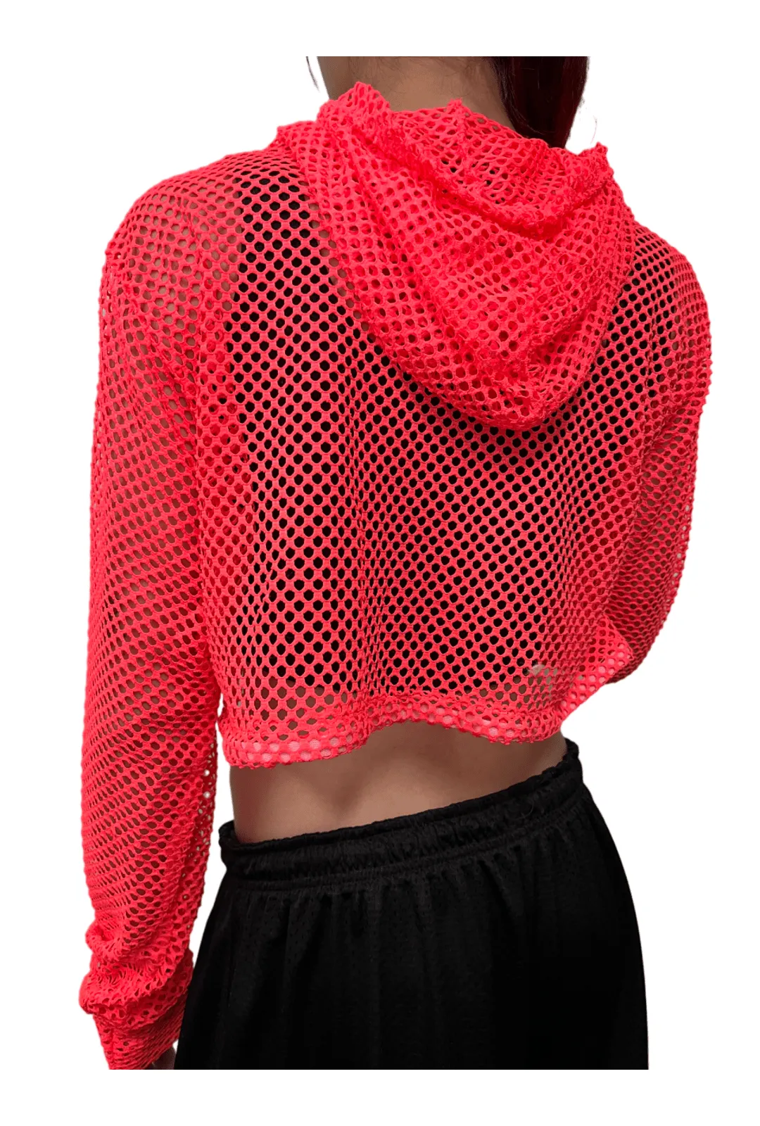 Neon Pink Fishnet Cropped Hoodie